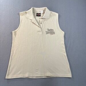 VTG Harley Davidson Sleeveless Polo Shirt Tan Shenandoah Virginia Women L Cotton